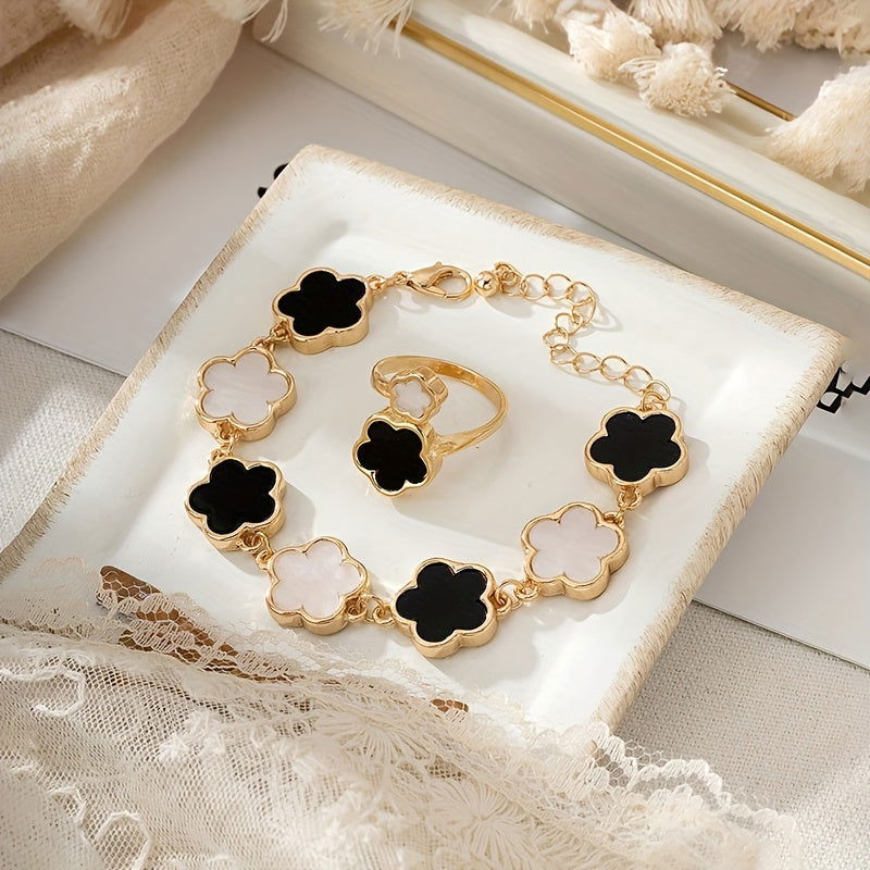 1 Pc Ring +1 Pc Bracelet With Black White Lucky Flower Design - Graceland Home and Living -