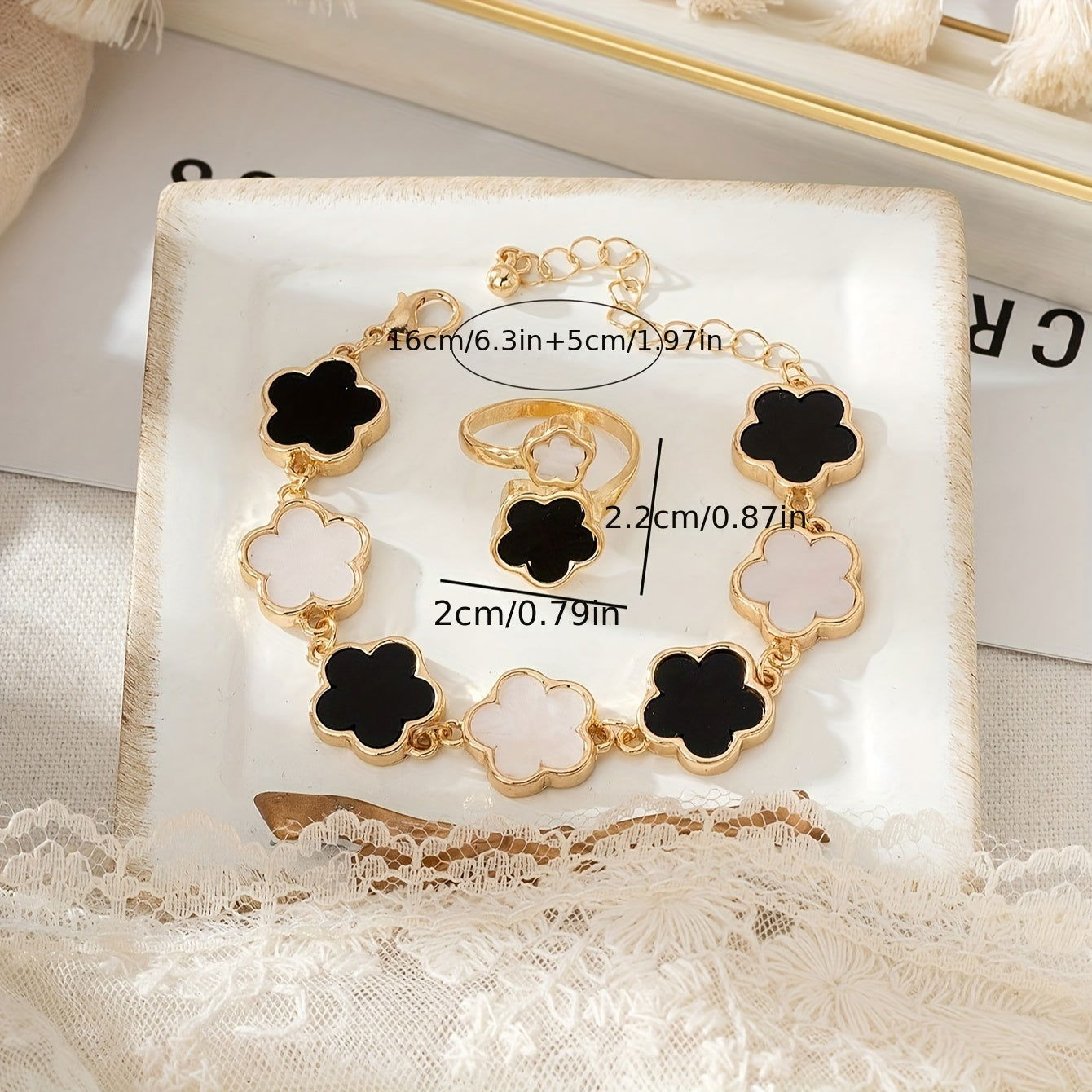1 Pc Ring +1 Pc Bracelet With Black White Lucky Flower Design - Graceland Home and Living -