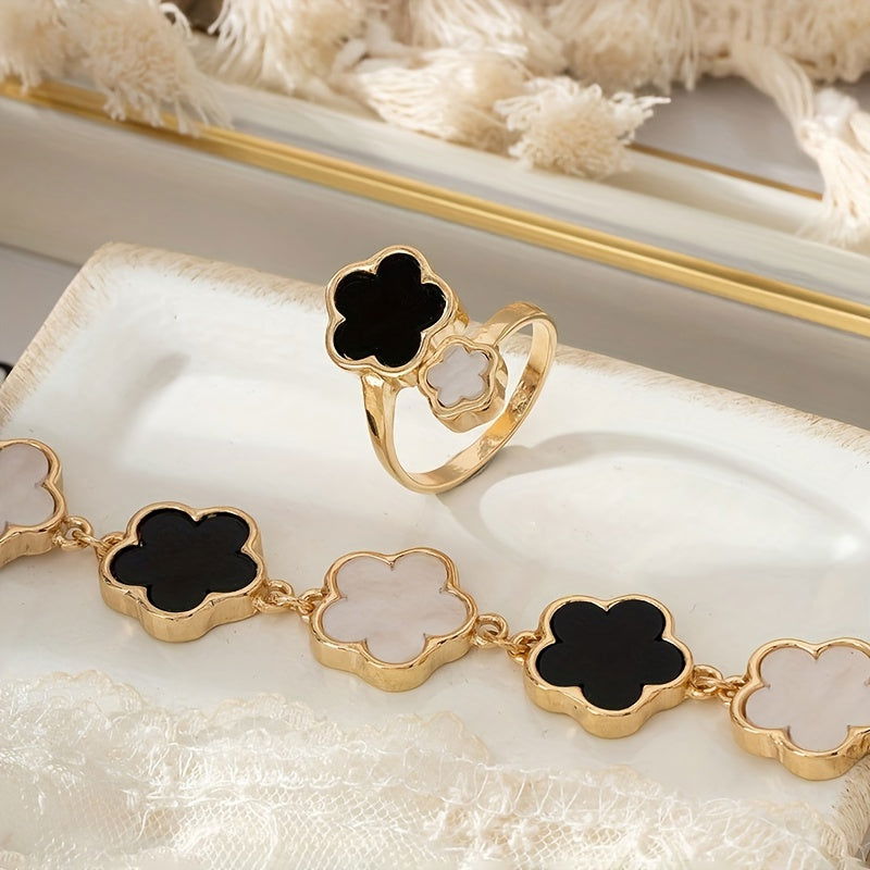 1 Pc Ring +1 Pc Bracelet With Black White Lucky Flower Design - Graceland Home and Living -