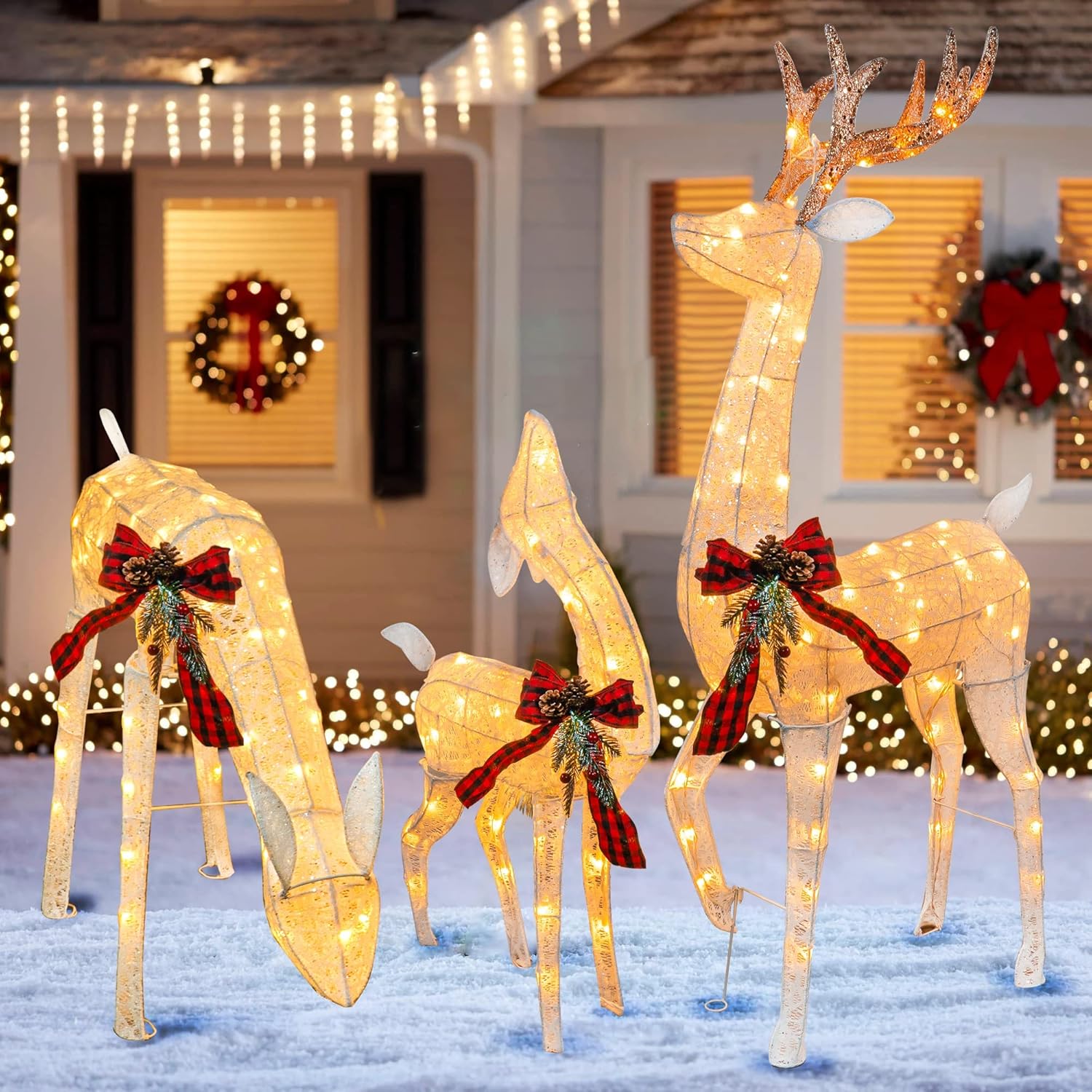 3-Piece Pre-Lit Christmas Reindeer Family Set, 3D Plug in 170 Count Warm White - Graceland Home and Living - - #tag1#