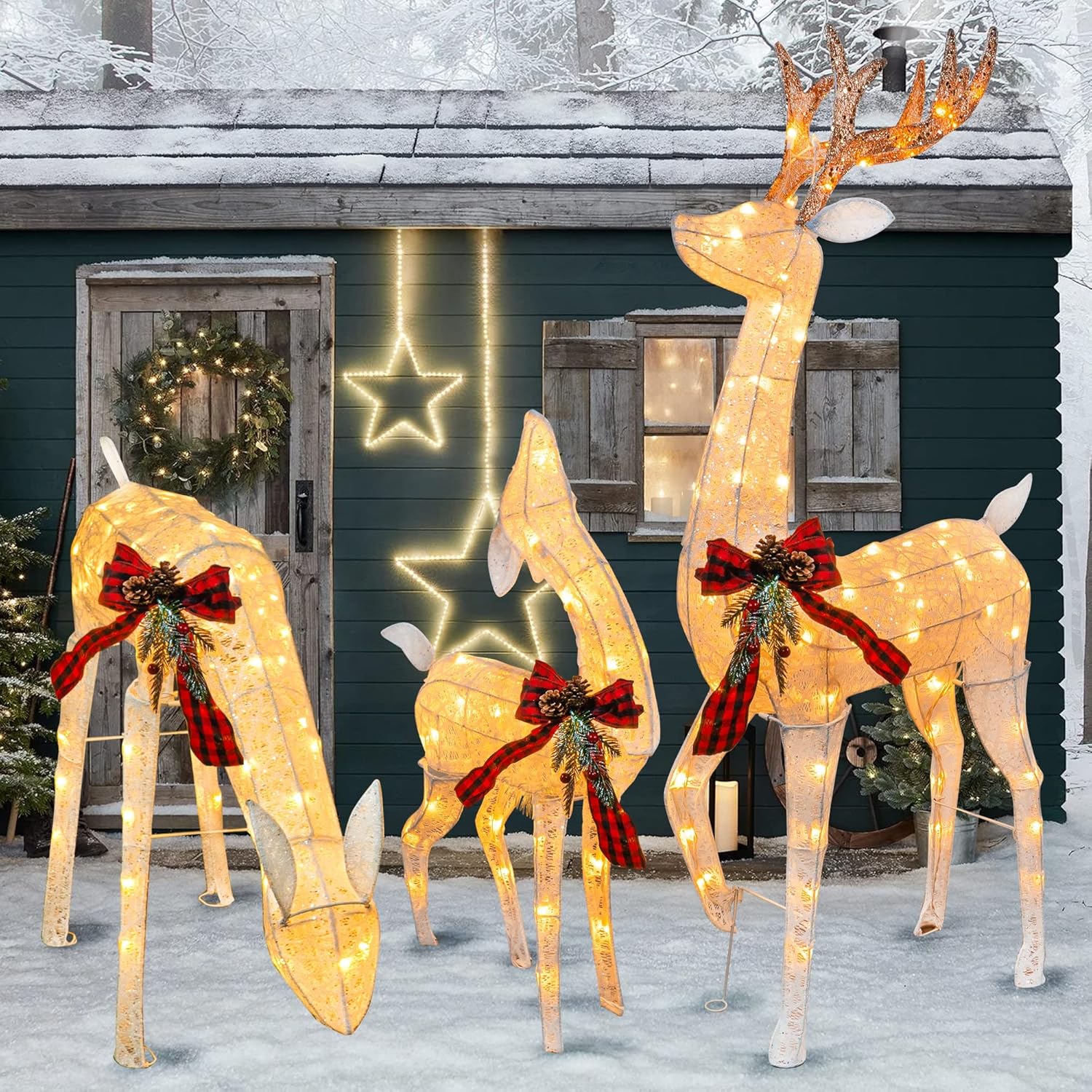 3-Piece Pre-Lit Christmas Reindeer Family Set, 3D Plug in 170 Count Warm White - Graceland Home and Living - - #tag1#