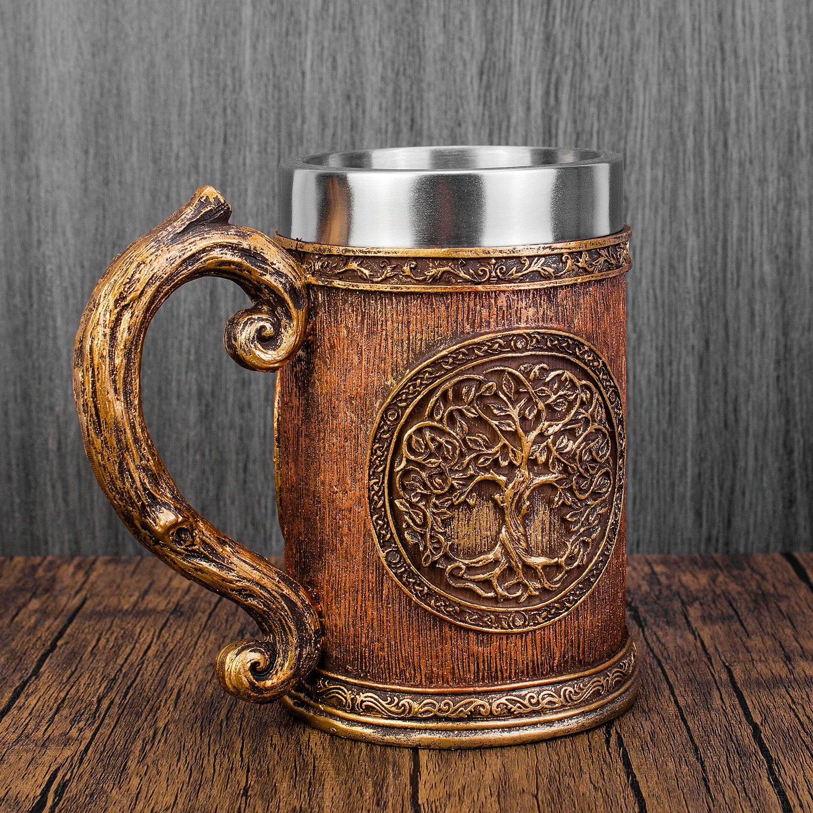 3D Tree of Life Viking Cup Norse Mythology Oak Barrel Resin Stainless Steel Beer Mug 600ml - Graceland Home and Living - - #tag1#
