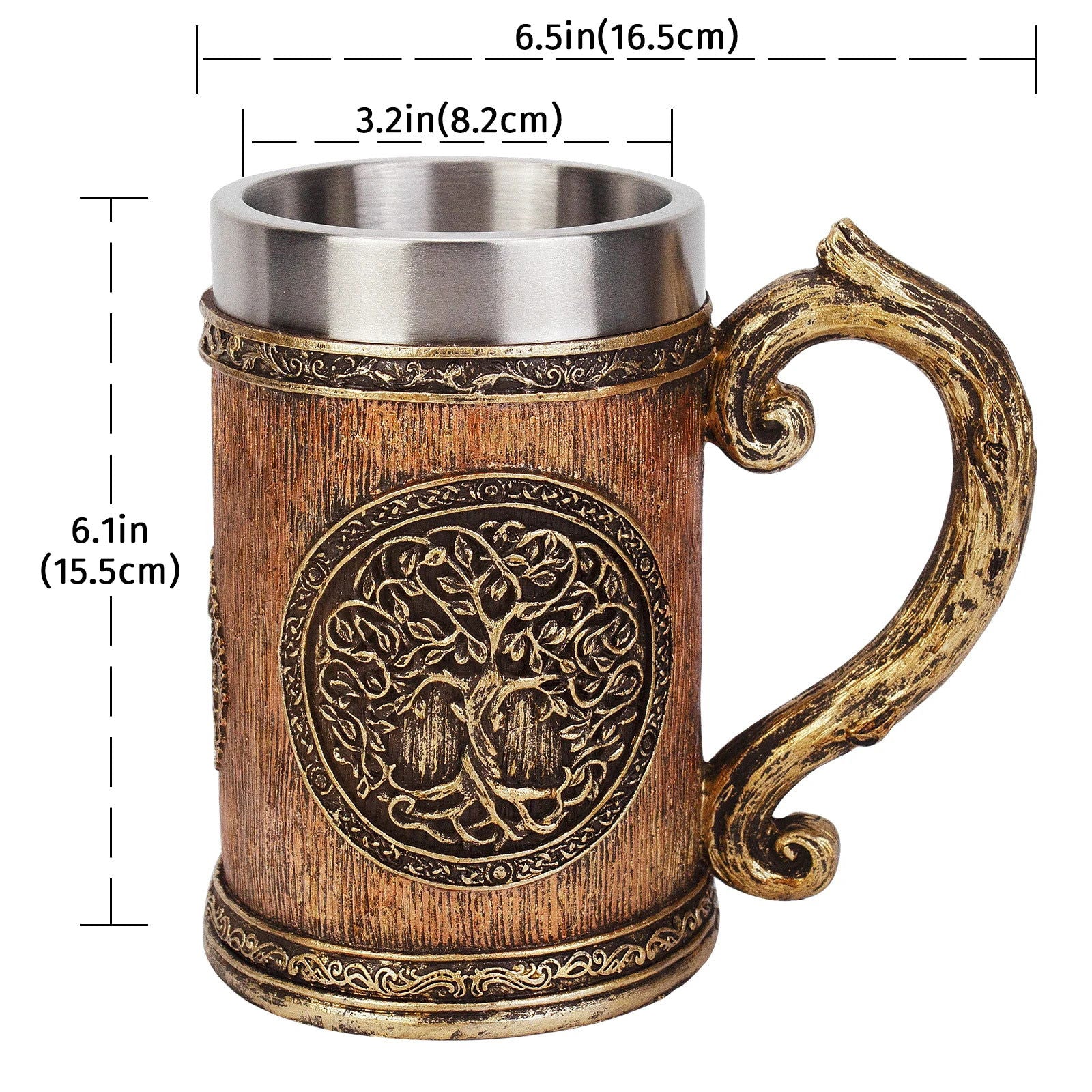 3D Tree of Life Viking Cup Norse Mythology Oak Barrel Resin Stainless Steel Beer Mug 600ml - Graceland Home and Living - - #tag1#