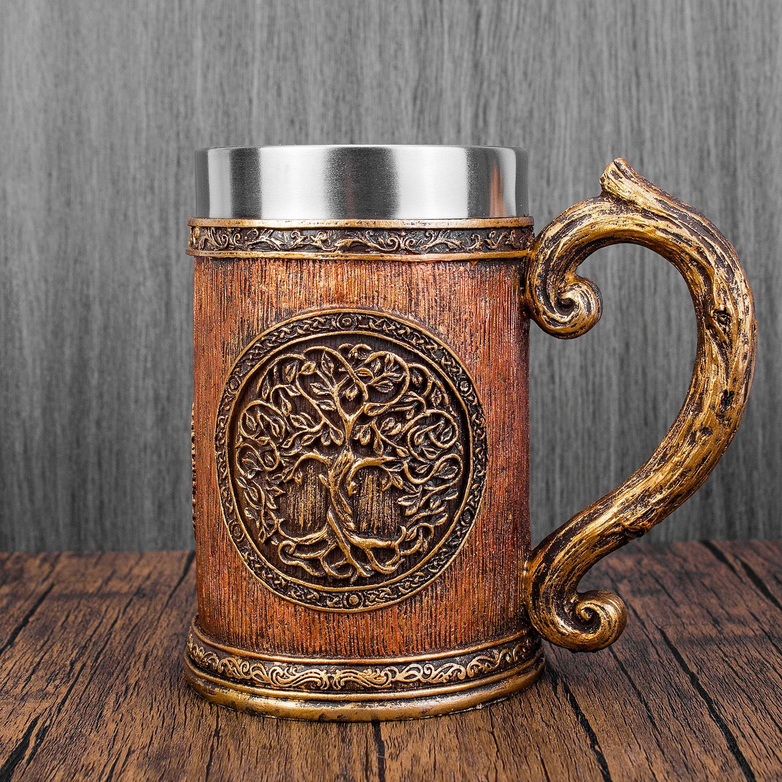 3D Tree of Life Viking Cup Norse Mythology Oak Barrel Resin Stainless Steel Beer Mug 600ml - Graceland Home and Living - - #tag1#