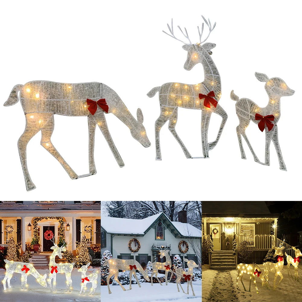 3Pcs Family Lighted Deer Christmas Décor Metal with 5Pcs LED String Light - Graceland Home and Living - - #tag1#