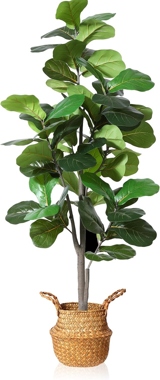 4.2Feet Artificial Fiddle Leaf Fig Tree Fake Potted Ficus Lyrata Plant with Handmade Seagrass Basket - Graceland Home and Living - - #tag1#