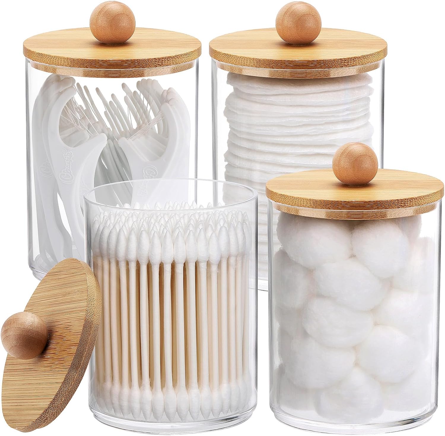 4 Pack Qtip Holder, 10-Ounce Bathroom Organizer Accessories Storage Containers Clear Plastic Apothecary Jars with Bamboo Lids for Cotton Ball, Cotton Swab, Floss - Graceland Home and Living - - #tag1#