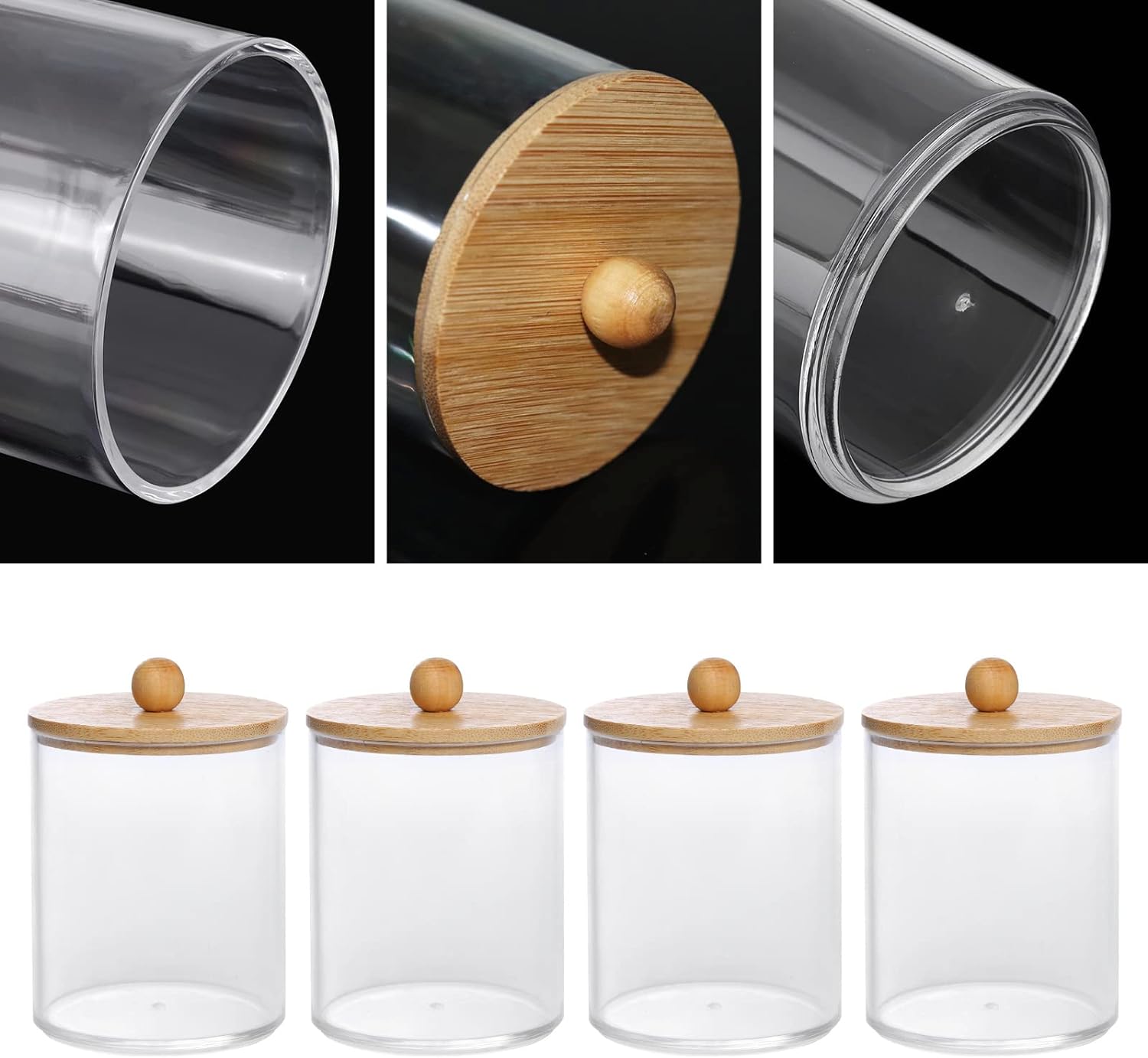 4 Pack Qtip Holder, 10-Ounce Bathroom Organizer Accessories Storage Containers Clear Plastic Apothecary Jars with Bamboo Lids for Cotton Ball, Cotton Swab, Floss - Graceland Home and Living - - #tag1#