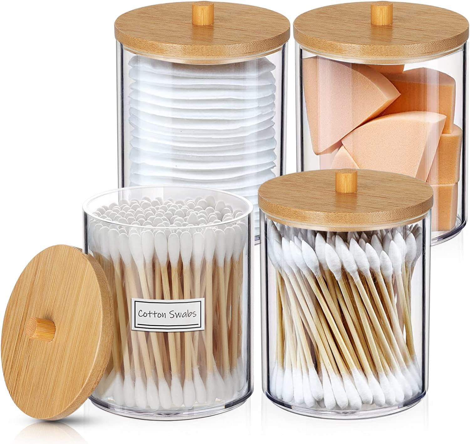 4 Pack Qtip Holder Dispenser, Clear Plastic Apothecary Jar Containers, Bathroom Accessories Set, Apothecary Jars with Lids for Cotton Ball, Swab, Pads, Floss, Hair Clips - Graceland Home and Living - - #tag1#