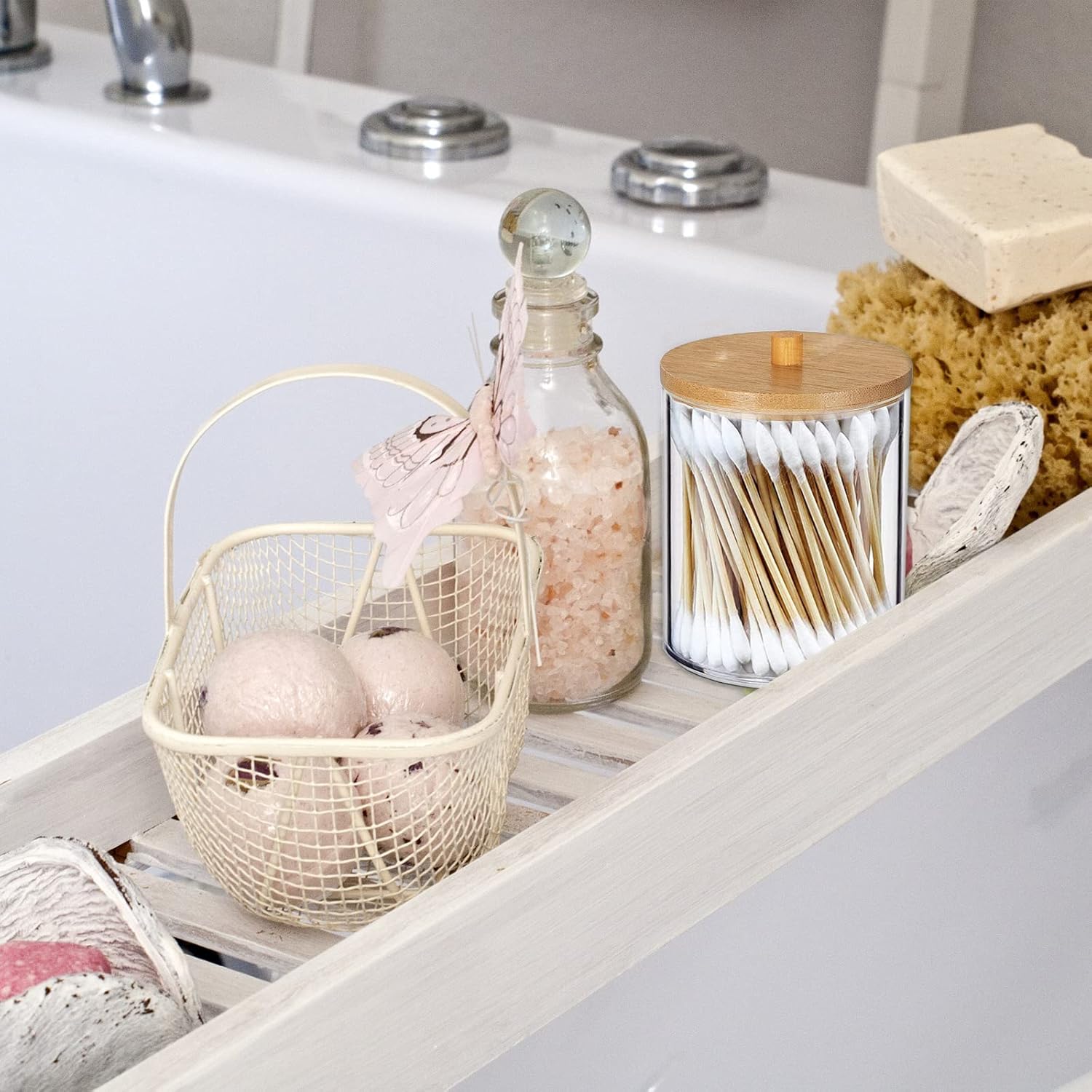 4 Pack Qtip Holder Dispenser, Clear Plastic Apothecary Jar Containers, Bathroom Accessories Set, Apothecary Jars with Lids for Cotton Ball, Swab, Pads, Floss, Hair Clips - Graceland Home and Living - - #tag1#