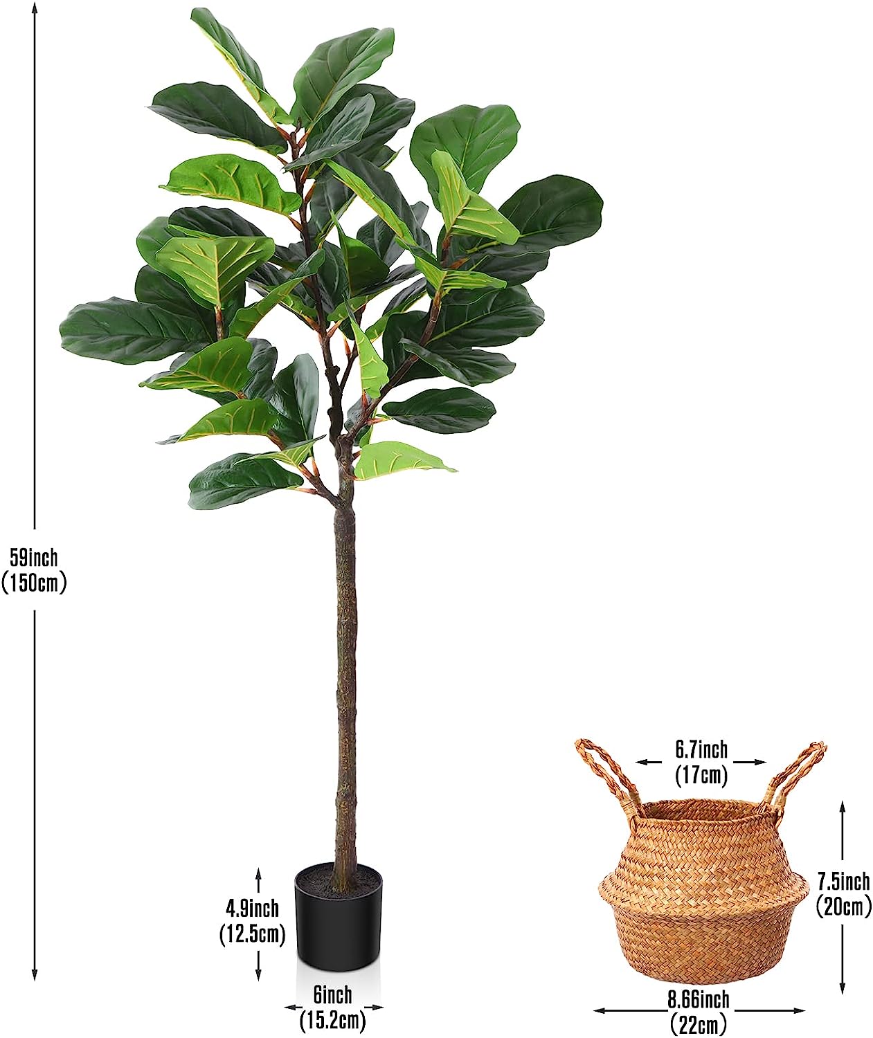 5 Feet Artificial fiddle leaf tree with 38 Leaves. Comes with Woven Seagrass Belly Basket - Graceland Home and Living - - #tag1#