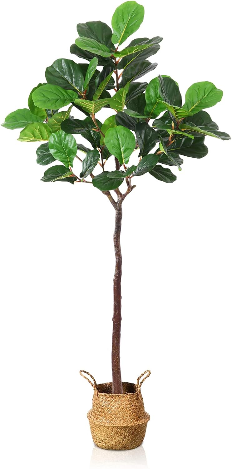 5ft Artificial Fiddle Leaf Fig Tree with Woven Seagrass Belly Basket - Graceland Home and Living - - #tag1#