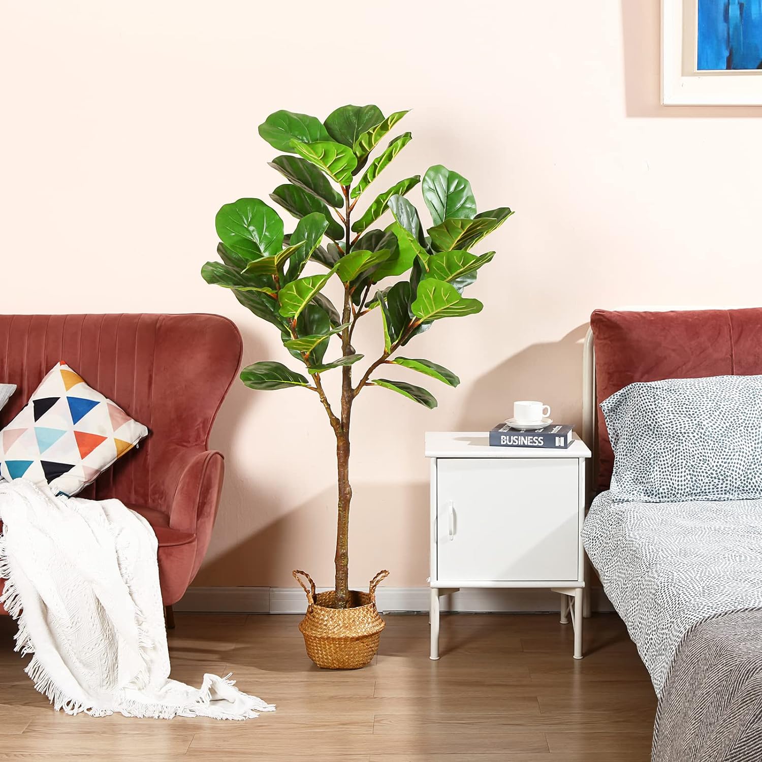 5ft Artificial Fiddle Leaf Fig Tree with Woven Seagrass Belly Basket - Graceland Home and Living - - #tag1#