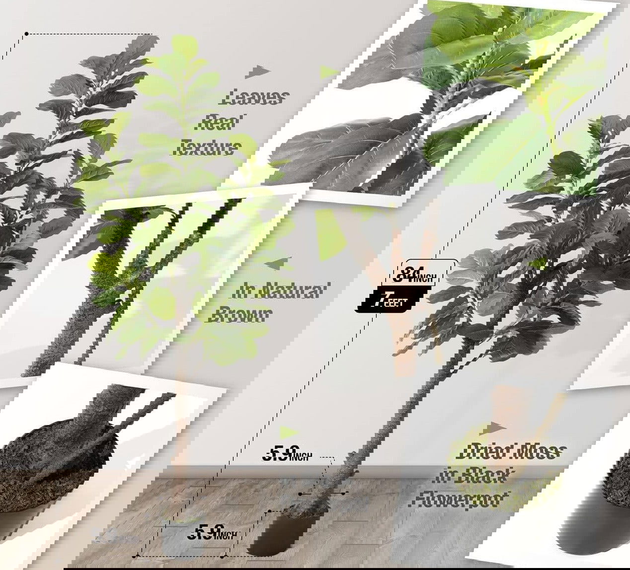 6/7 Feet Potted Ficus Lyrata Faux Tree n Pot with Dried Moss - Graceland Home and Living - - #tag1#