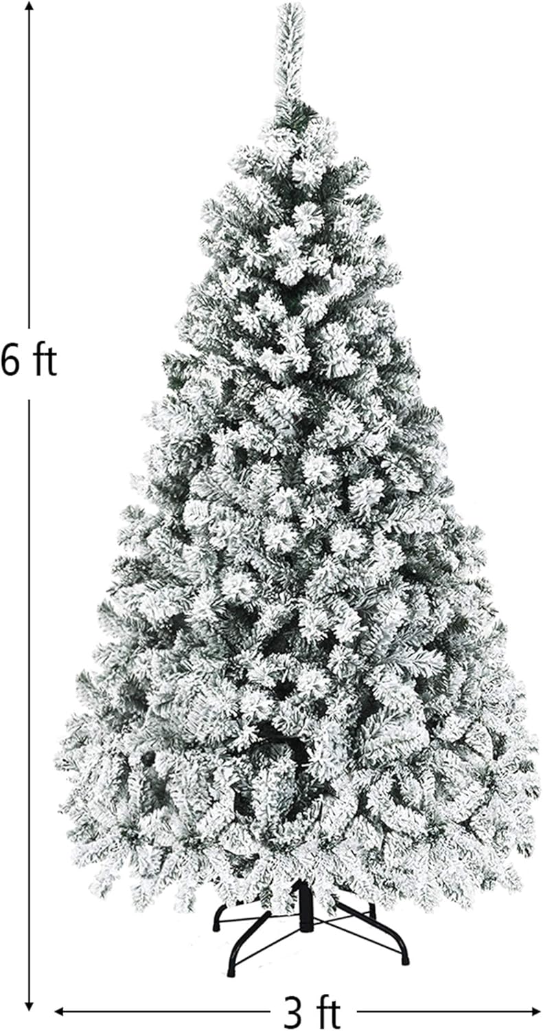 6 FT Pre-Lit Christmas Tree Snow Flocked Hinged Pine Tree w/Metal Stand - Graceland Home and Living - - #tag1#