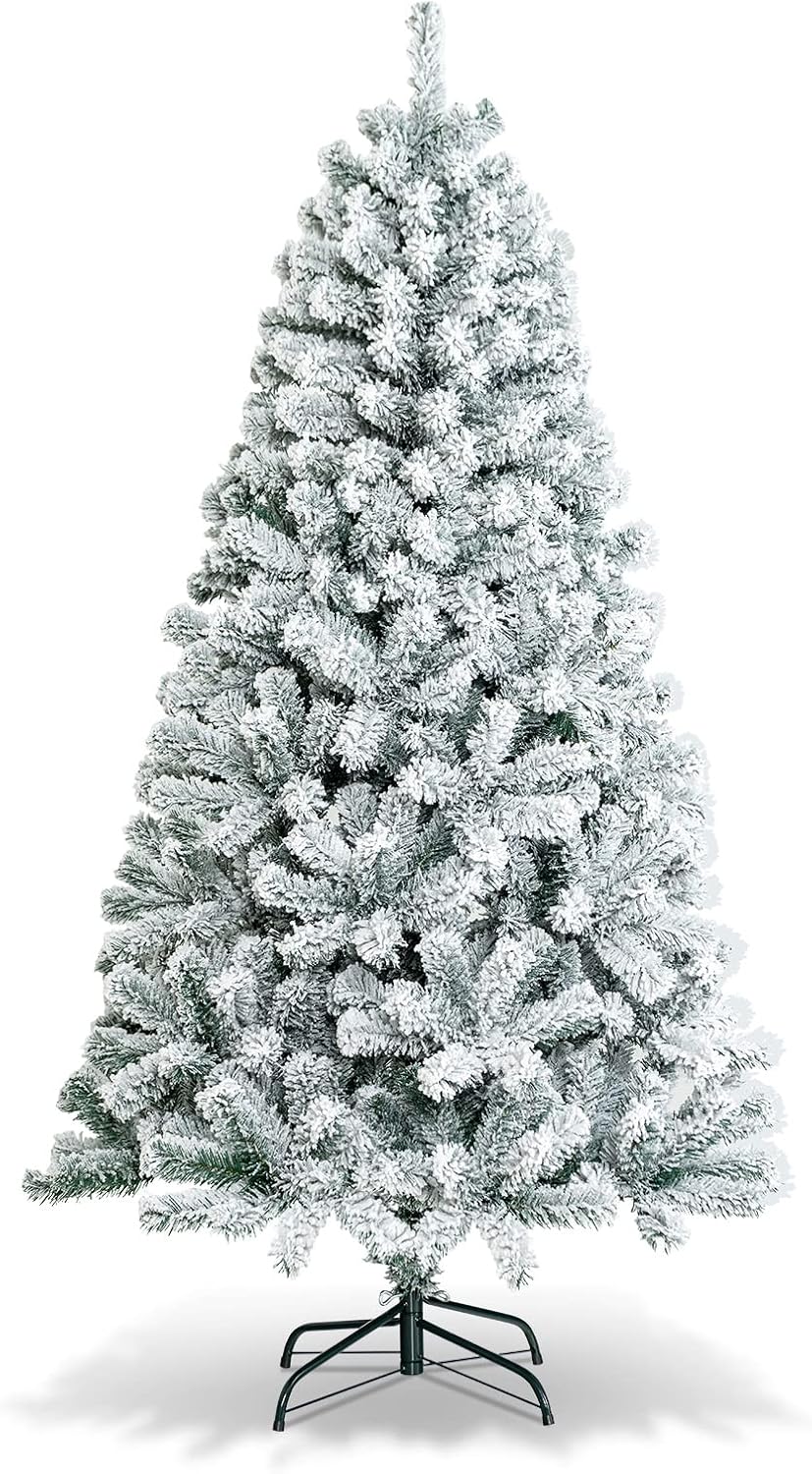 6 FT Snow Flocked Christmas Tree, Artificial Holiday Hinged Pine Tree with 600 Branch Tips, Solid Metal Stand - Graceland Home and Living - - #tag1#