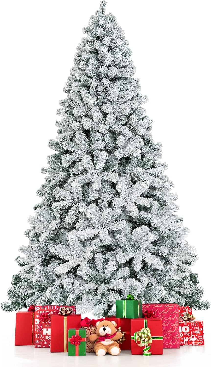 6 FT Snow Flocked Christmas Tree, Artificial Holiday Hinged Pine Tree with 600 Branch Tips, Solid Metal Stand - Graceland Home and Living - - #tag1#