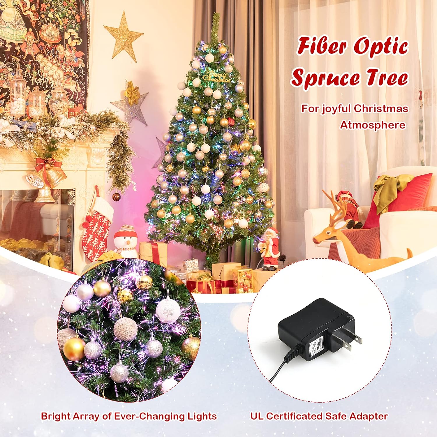 6ft Fiber Optic Artificial Christmas Tree, Pre-lit Premium Spruce Tree with Solid Metal Stand - Graceland Home and Living - - #tag1#