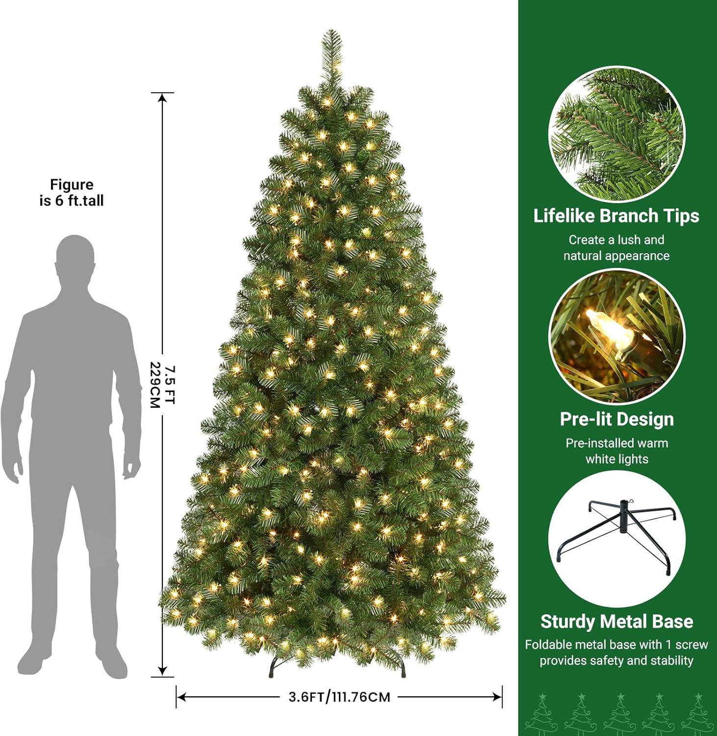 6ft Pre-lit Premium Artificial Hinged Christmas Tree with Pre-lit 250 Warm White Lights, 785 Branch Tips and Foldable Stand - Graceland Home and Living - - #tag1#