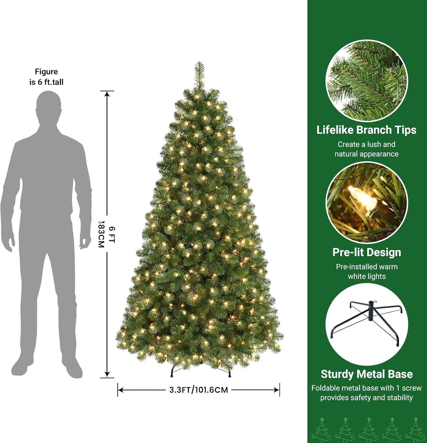 6ft Pre-lit Premium Artificial Hinged Christmas Tree with Pre-lit 250 Warm White Lights, 785 Branch Tips and Foldable Stand - Graceland Home and Living - - #tag1#