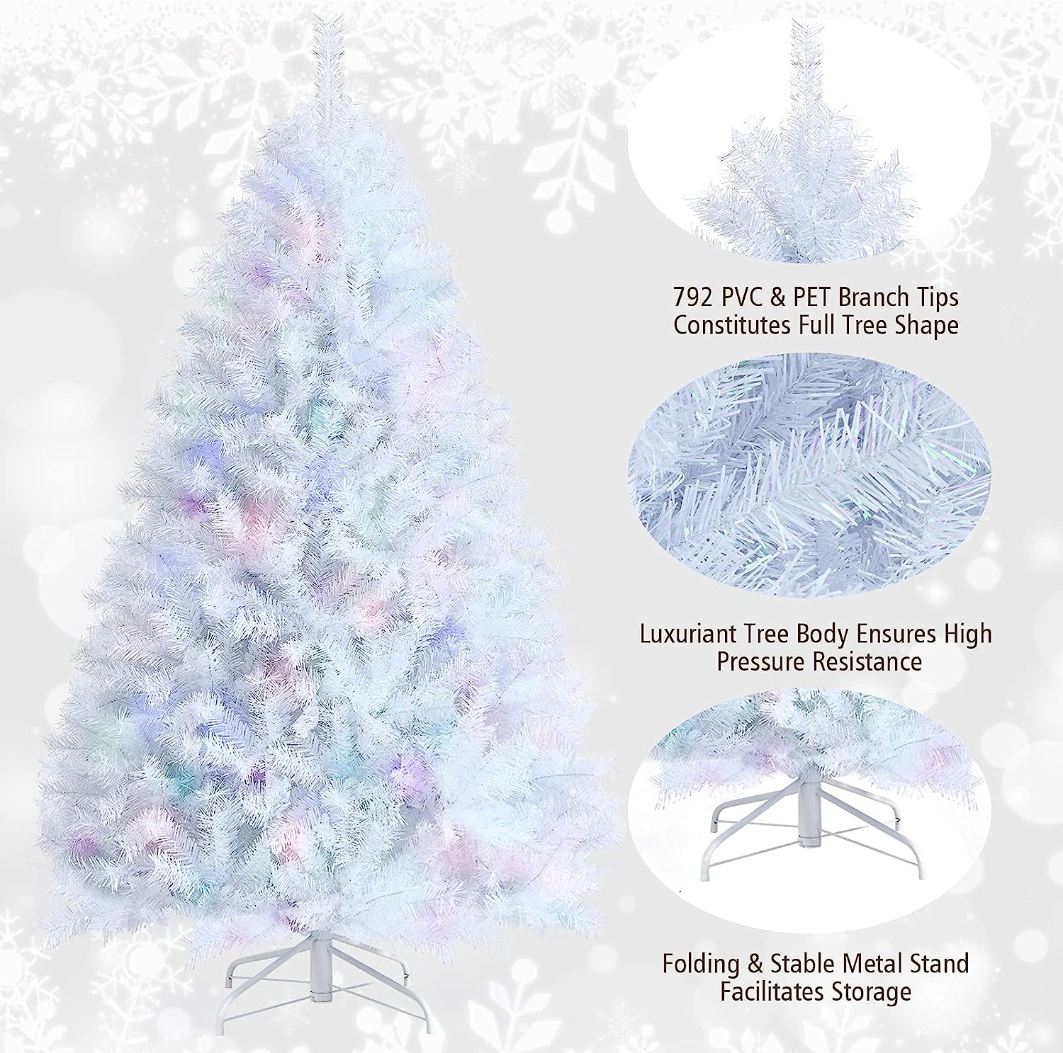 6ft White Artificial Christmas Tree, Hinged Unlit w/ 792 Iridescent Branch Tips & Metal Stand, - Graceland Home and Living - - #tag1#