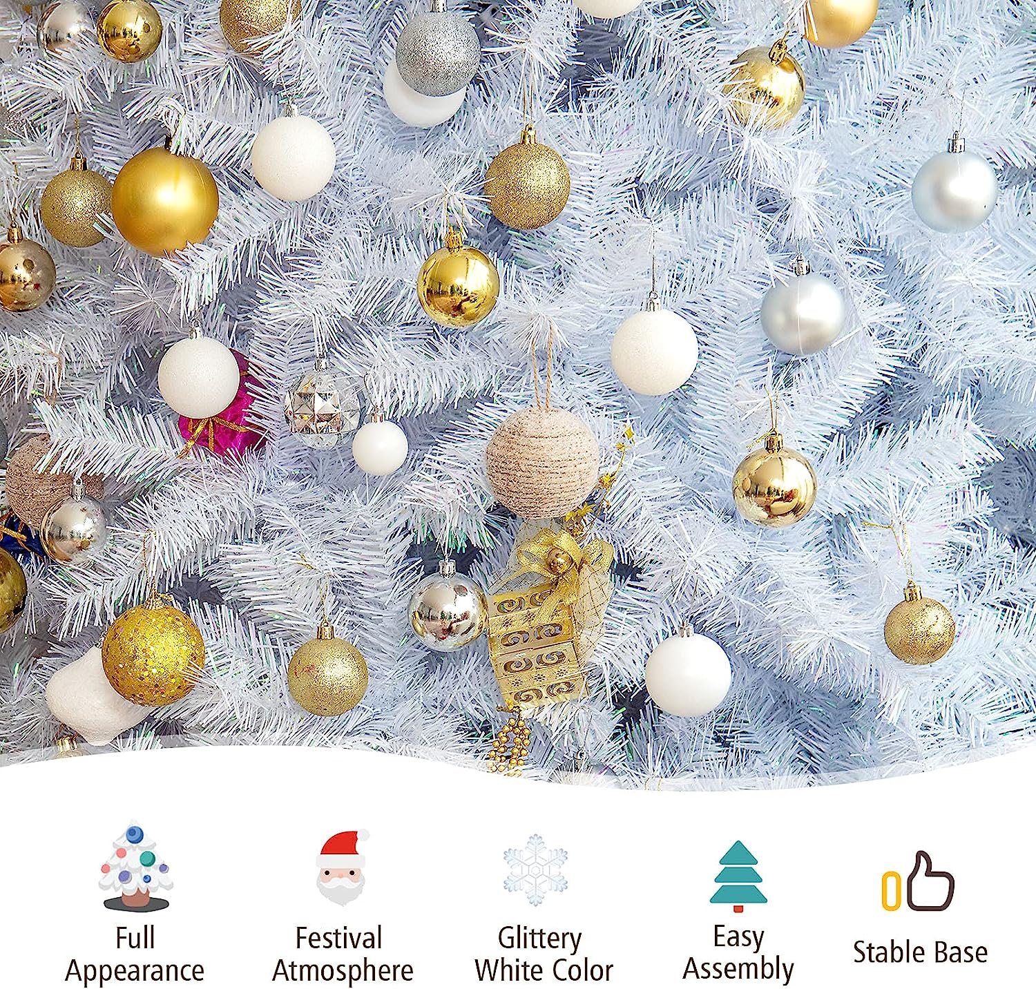 6ft White Artificial Christmas Tree, Hinged Unlit w/ 792 Iridescent Branch Tips & Metal Stand, - Graceland Home and Living - - #tag1#