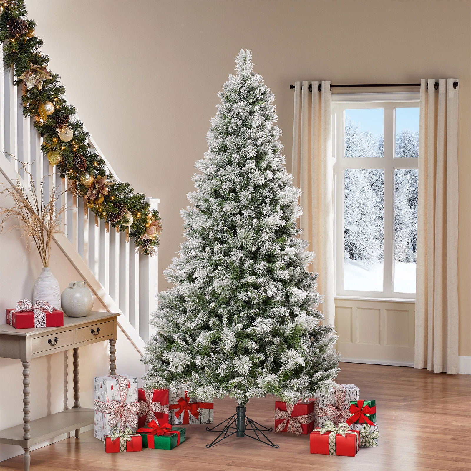 7.5 ft Pre-Lit Flocked Glitter Artificial Christmas Tree, 1,150 Color-Changing Radiant Micro LED Lights - Graceland Home and Living - - #tag1#