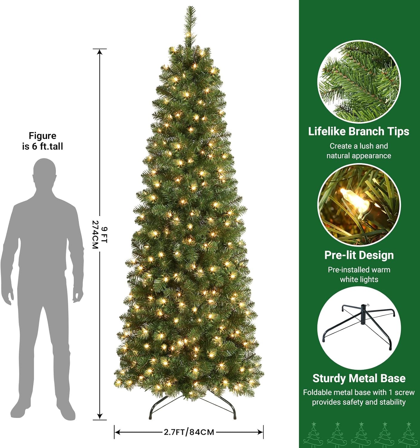 7.5ft Pre-lit Artificial Hinged Slim Pencil Christmas Tree with Warm White Lights, Full Branch Tips - Graceland Home and Living -