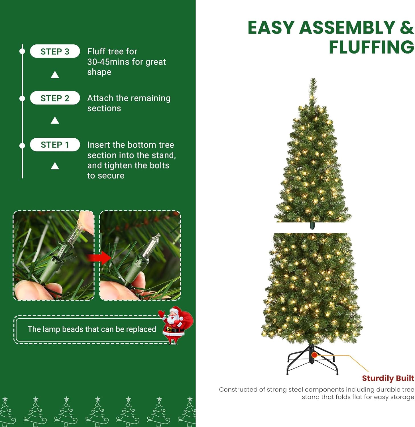 7.5ft Pre-lit Artificial Hinged Slim Pencil Christmas Tree with Warm White Lights, Full Branch Tips - Graceland Home and Living -