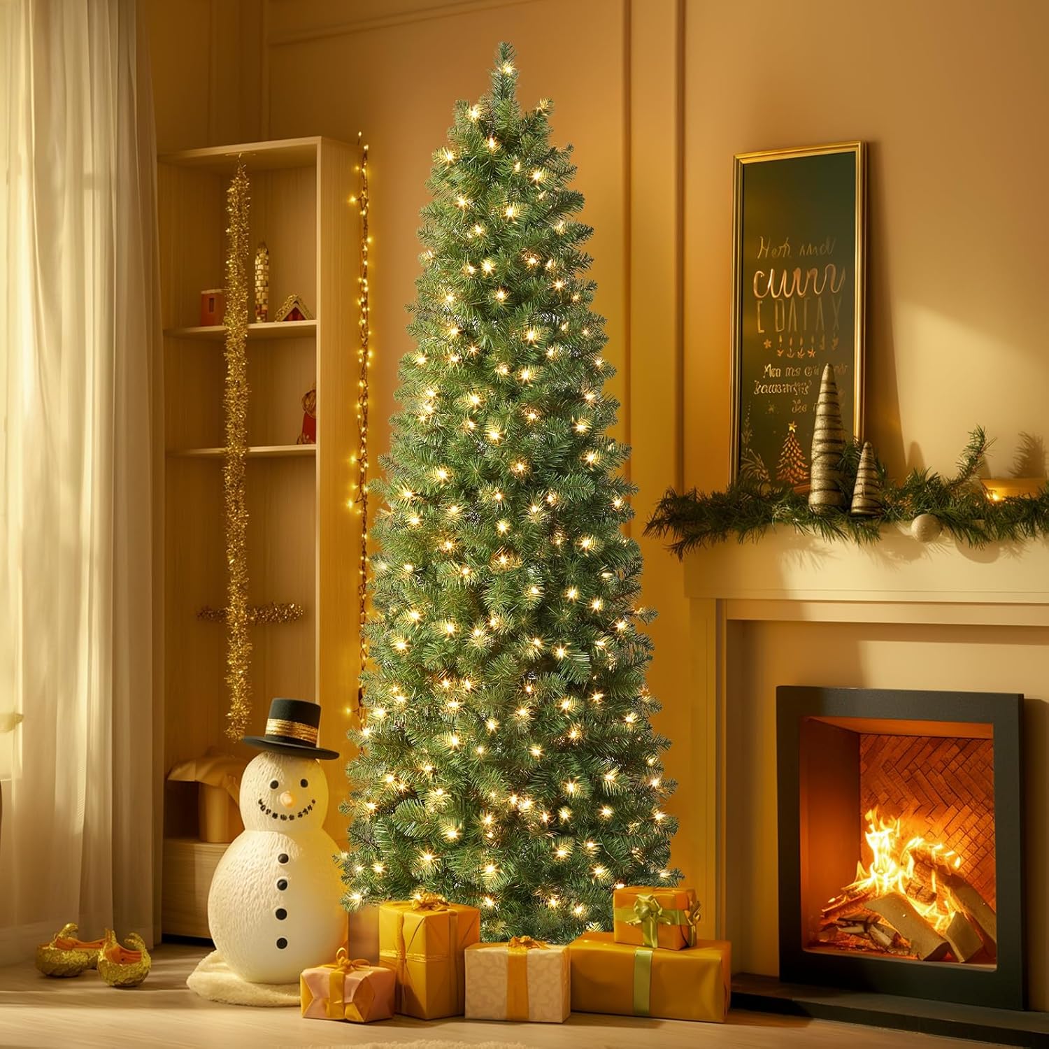 7.5ft Pre-lit Artificial Hinged Slim Pencil Christmas Tree with Warm White Lights, Full Branch Tips - Graceland Home and Living - - #tag1#