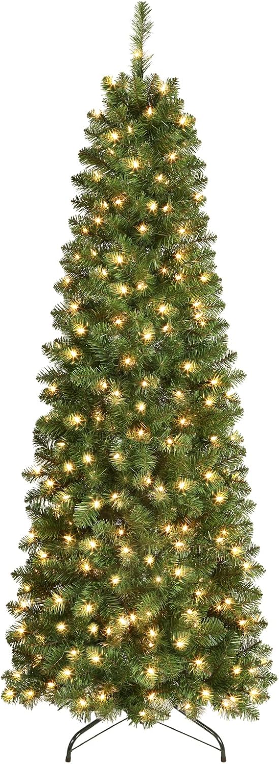 7.5ft Pre-lit Artificial Hinged Slim Pencil Christmas Tree with Warm White Lights, Full Branch Tips - Graceland Home and Living - - #tag1#