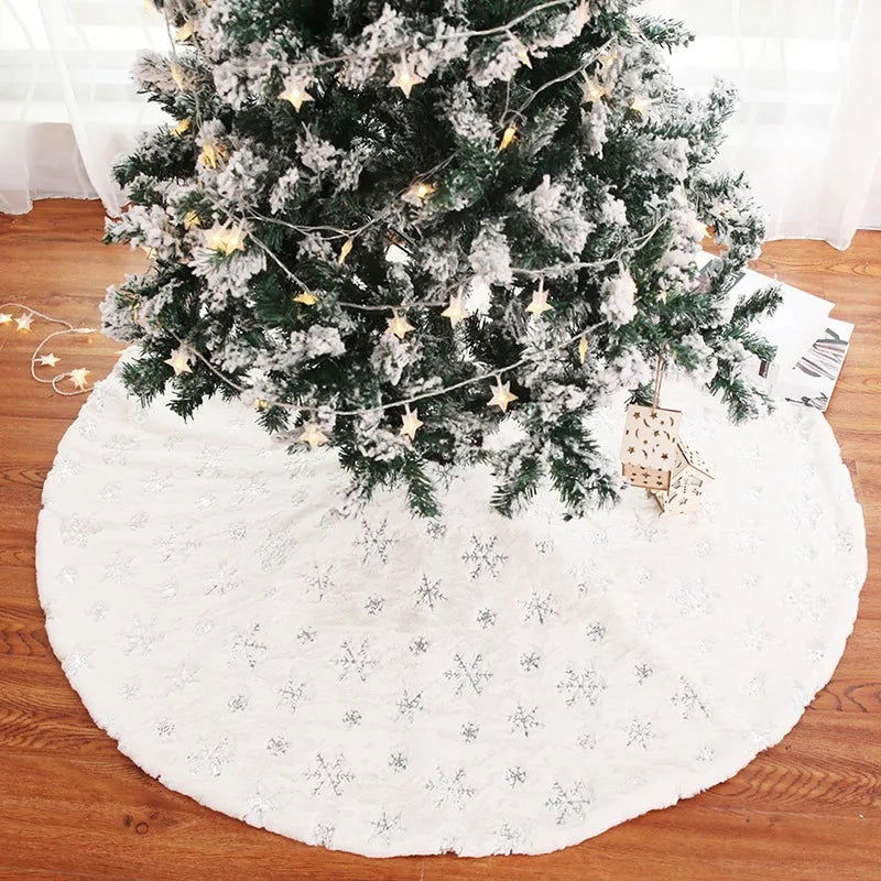 78-122CM Plush Christmas Tree Skirt White Snowflakes Faux Fur - Graceland Home and Living -