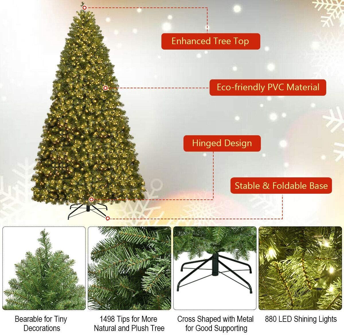 7FT Pre-lit Christmas Tree with 700 Warm White LED Light, Metal Stand, Hinged Spruce Xmas Tree Holiday Indoor Decor - Graceland Home and Living -