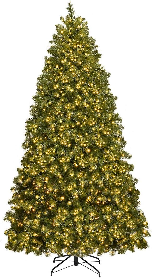 7FT Pre-lit Christmas Tree with 700 Warm White LED Light, Metal Stand, Hinged Spruce Xmas Tree Holiday Indoor Decor - Graceland Home and Living - - #tag1#