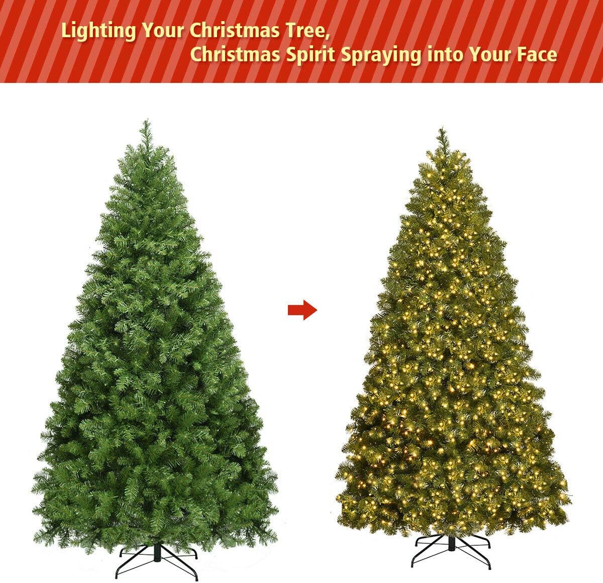 7FT Pre-lit Christmas Tree with 700 Warm White LED Light, Metal Stand, Hinged Spruce Xmas Tree Holiday Indoor Decor - Graceland Home and Living - - #tag1#