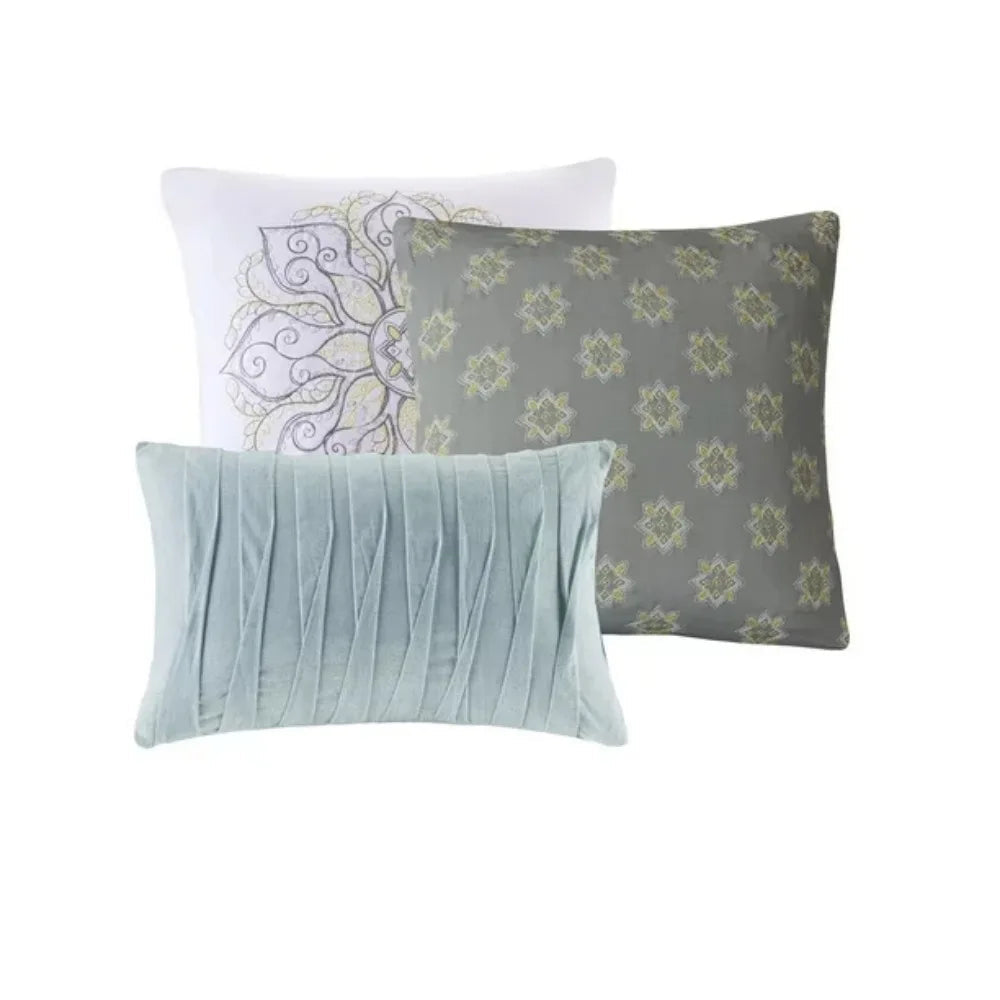 7pc Reversible Cotton Comforter Set, queen bedding set - Graceland Home and Living - - #tag1#