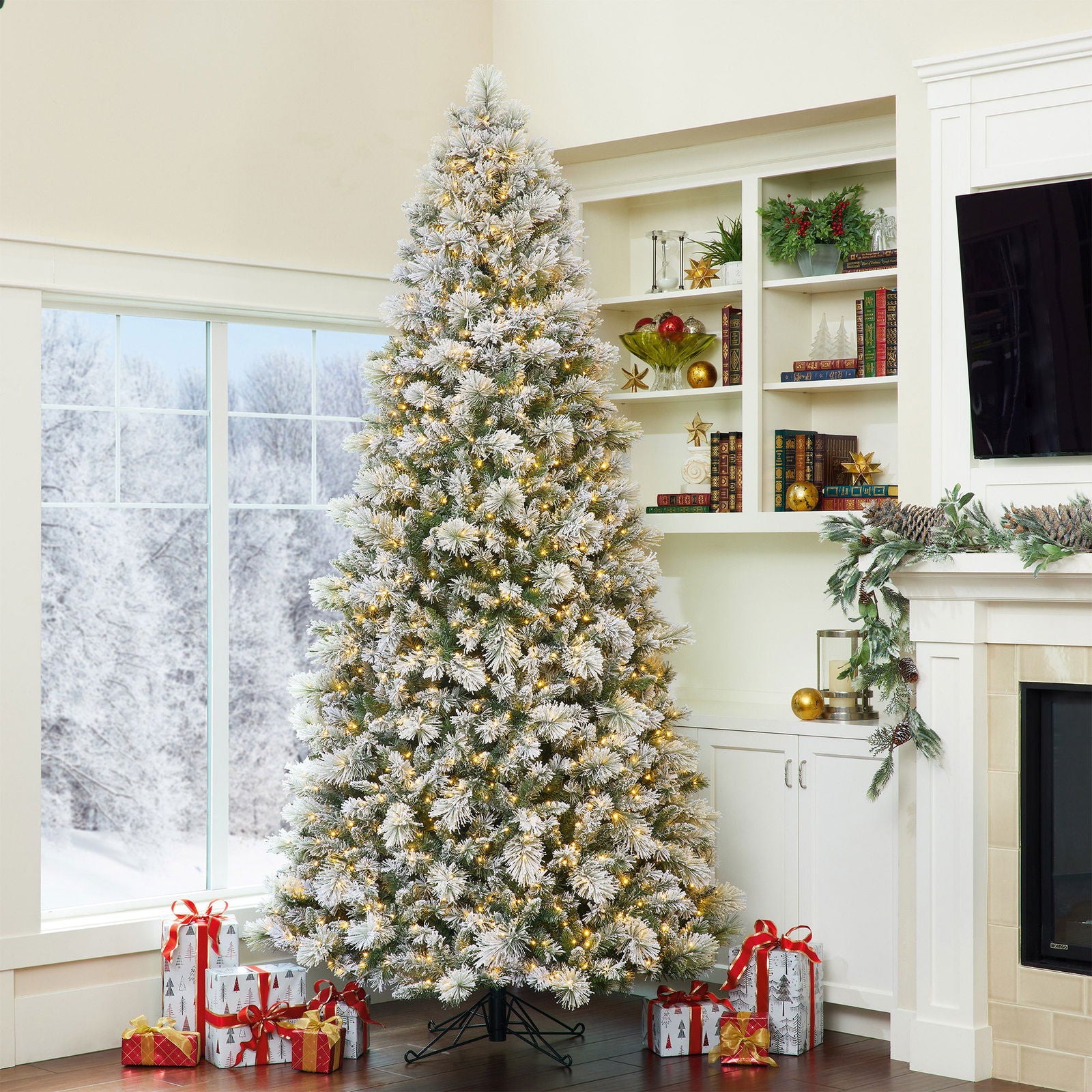 9ft Pre-Lit Glitter Flocked Artificial Christmas Tree, 1,780 Color Changing Radiant Lights - Graceland Home and Living -