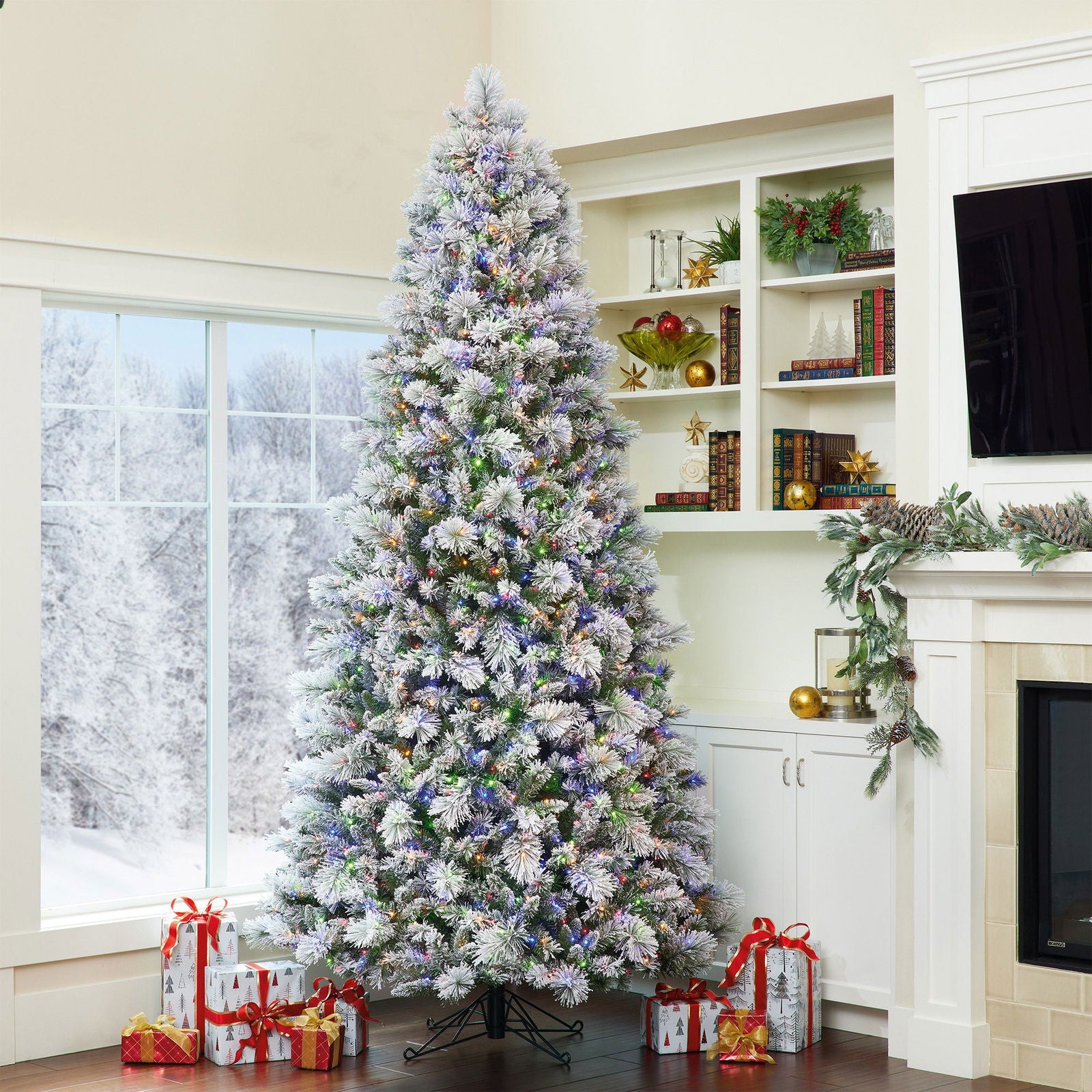 9ft Pre-Lit Glitter Flocked Artificial Christmas Tree, 1,780 Color Changing Radiant Lights - Graceland Home and Living - - #tag1#