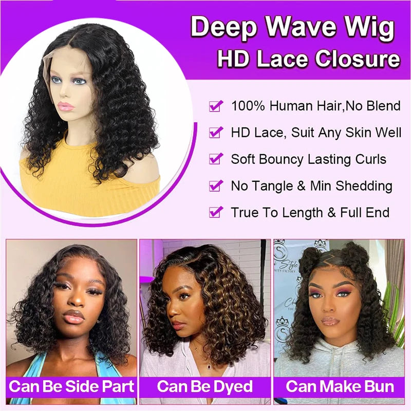 13x4 Human Hair Deep Wave 100% Brazilian Curly Human Hair Wigs with Transparent Lace Frontal