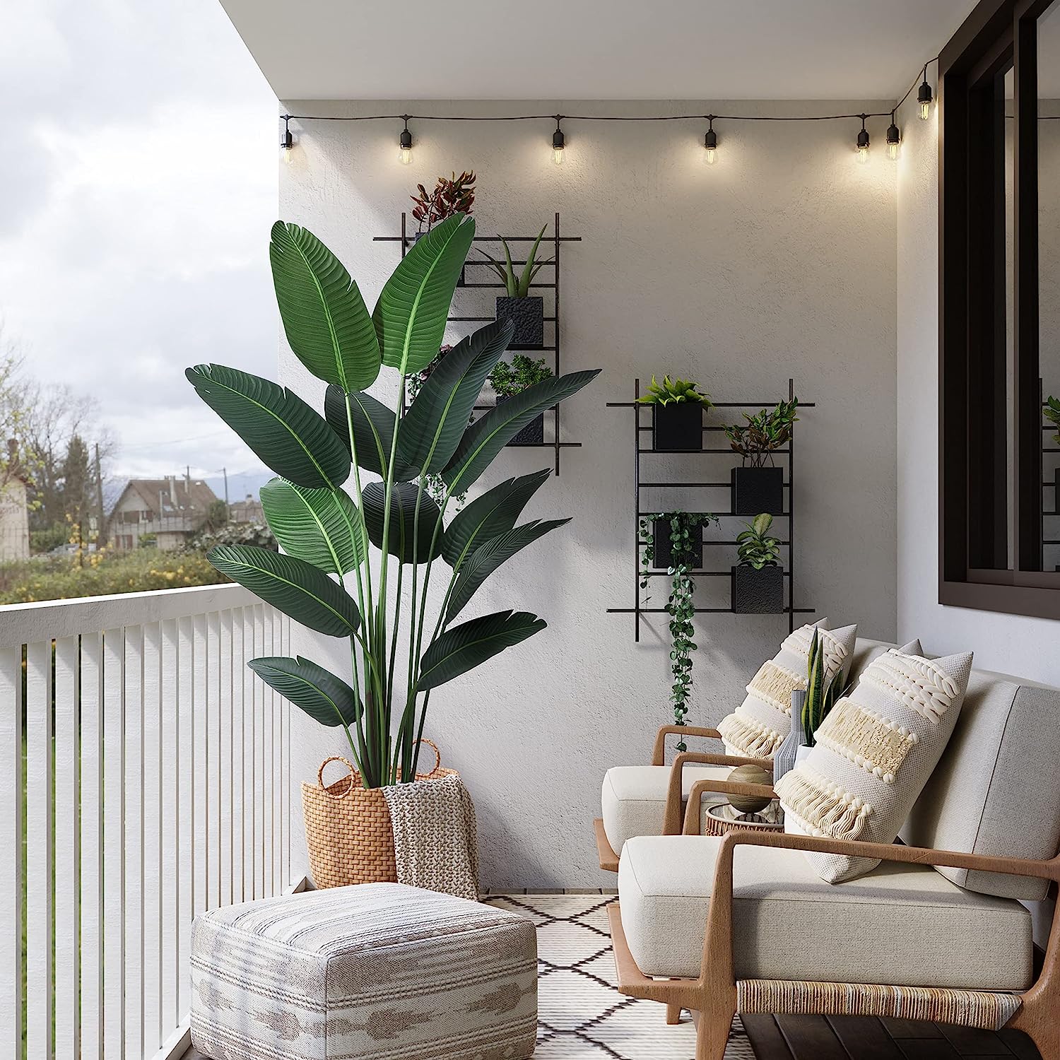 Artificial Bird of Paradise Plants 6 Ft Fake Tropical Palm Tree with 13 Trunks in Pot and Woven Seagrass Belly Basket - Graceland Home and Living -