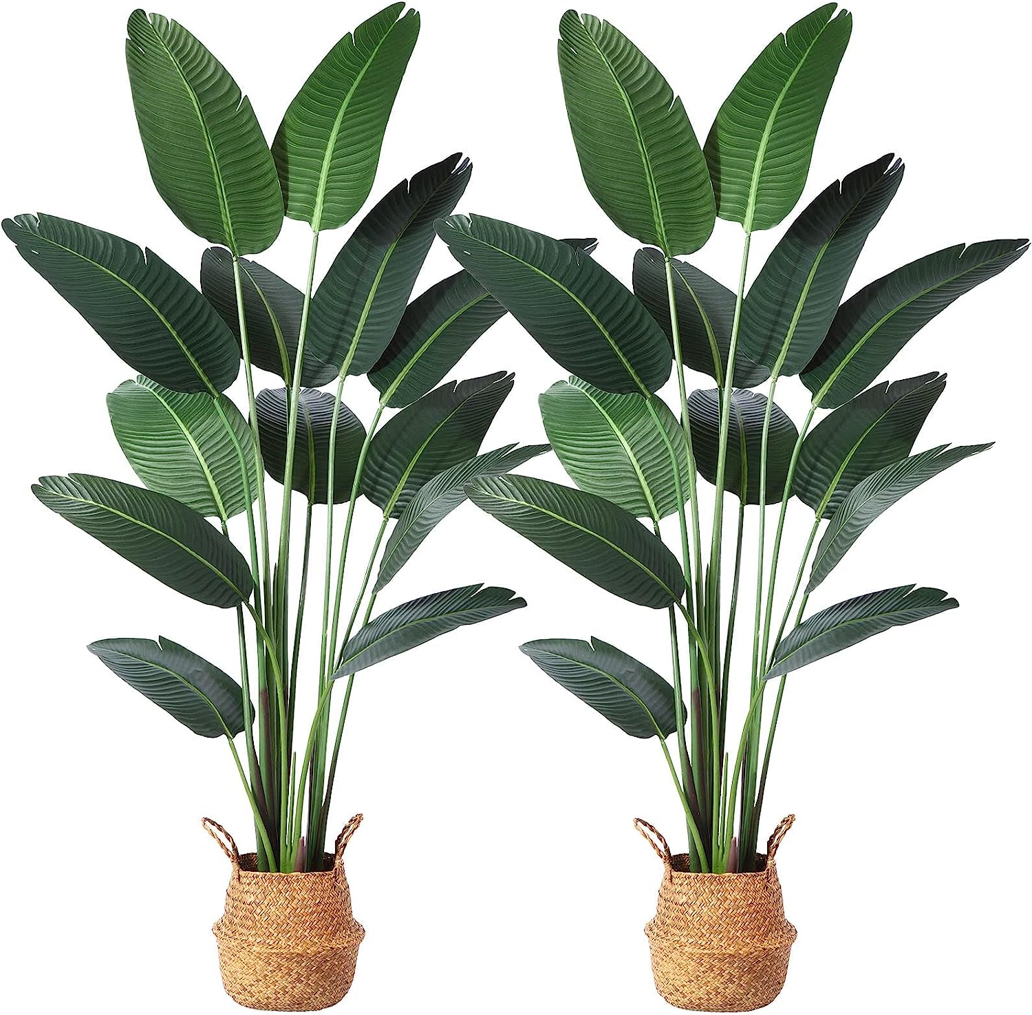 Artificial Bird of Paradise Plants 6 Ft Fake Tropical Palm Tree with 13 Trunks in Pot and Woven Seagrass Belly Basket - Graceland Home and Living - - #tag1#