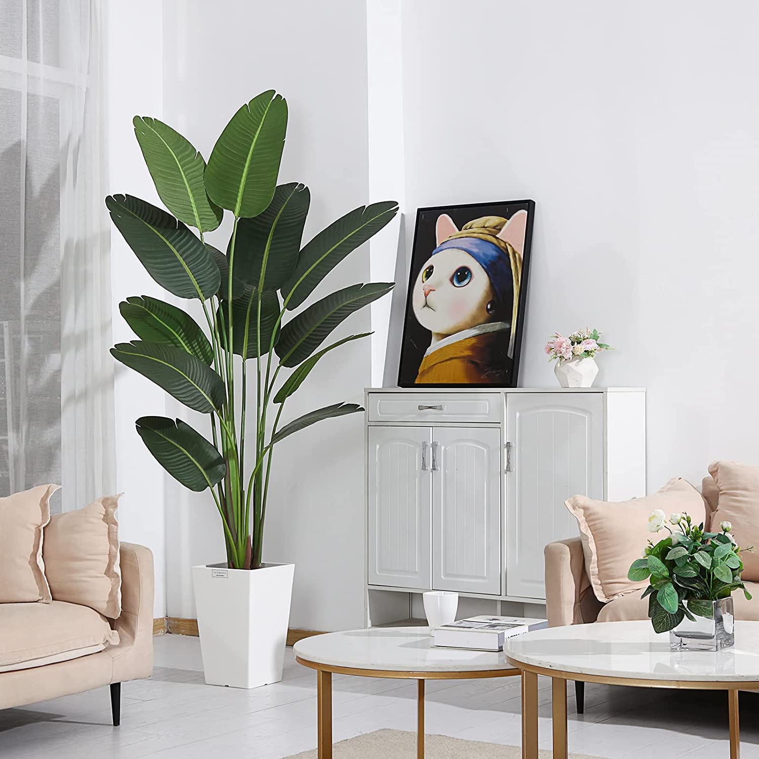 Artificial Bird of Paradise Plants 6 Ft Fake Tropical Palm Tree with 13 Trunks in Pot and Woven Seagrass Belly Basket - Graceland Home and Living - - #tag1#