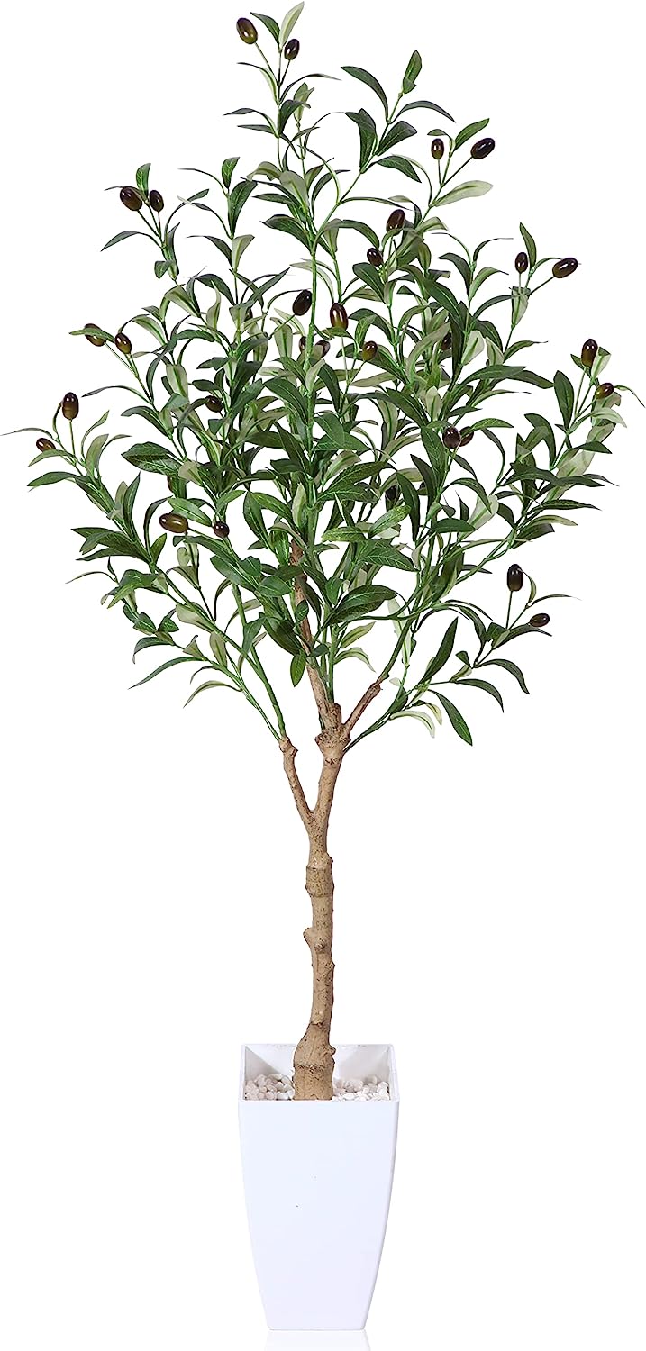 Artificial Olive Tree 4FT Tall Faux Tropical Silk Plant with White Taper Planter - Graceland Home and Living -