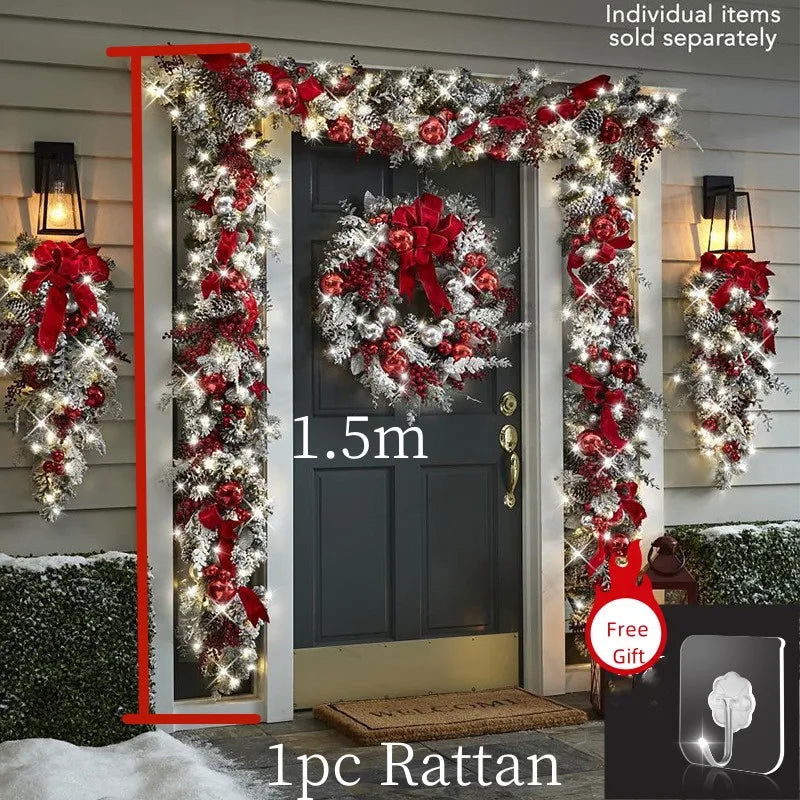 Christmas Wreath and Rattan Set With Led Light For Doors - Graceland Home and Living -
