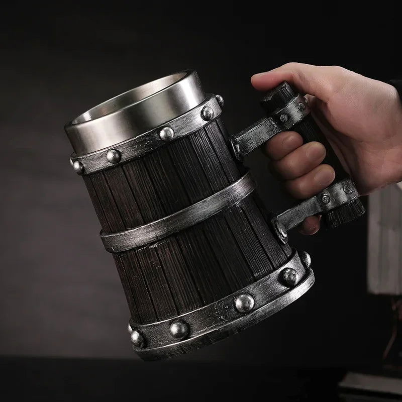 Double Wall Viking Beer Jug Large Capacity with Imitation Wood Retro Beer Mug Resin and 304 Stainless Steel Barrel - Graceland Home and Living -