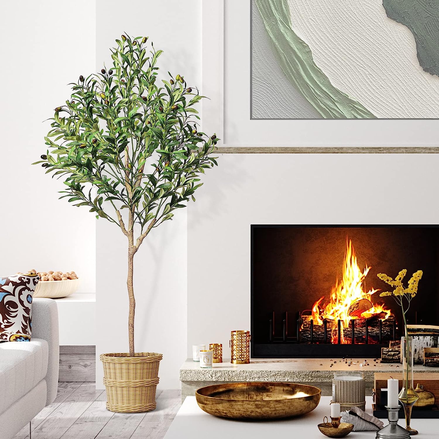 Faux Olive Tree Artificial Indoor 5.3 Feet Tall in Pot with Dried Moss - Graceland Home and Living -