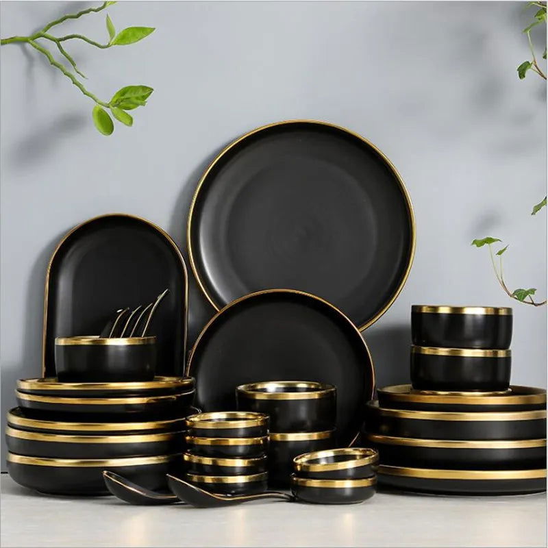 Gold Rim Black Porcelain Dinner Plates - Graceland Home and Living -