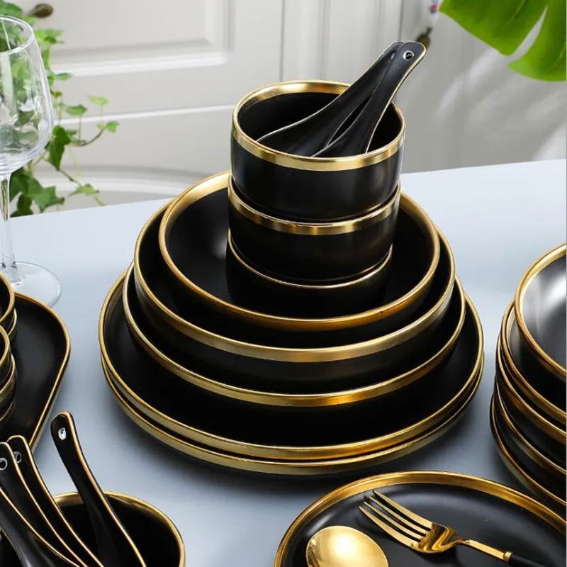 Gold Rim Black Porcelain Dinner Plates - Graceland Home and Living -