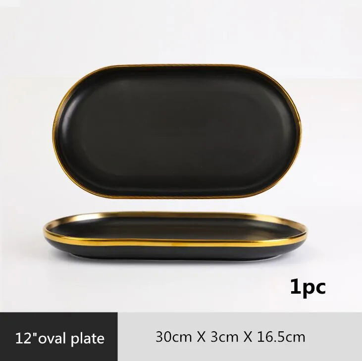 Gold Rim Black Porcelain Dinner Plates - Graceland Home and Living -