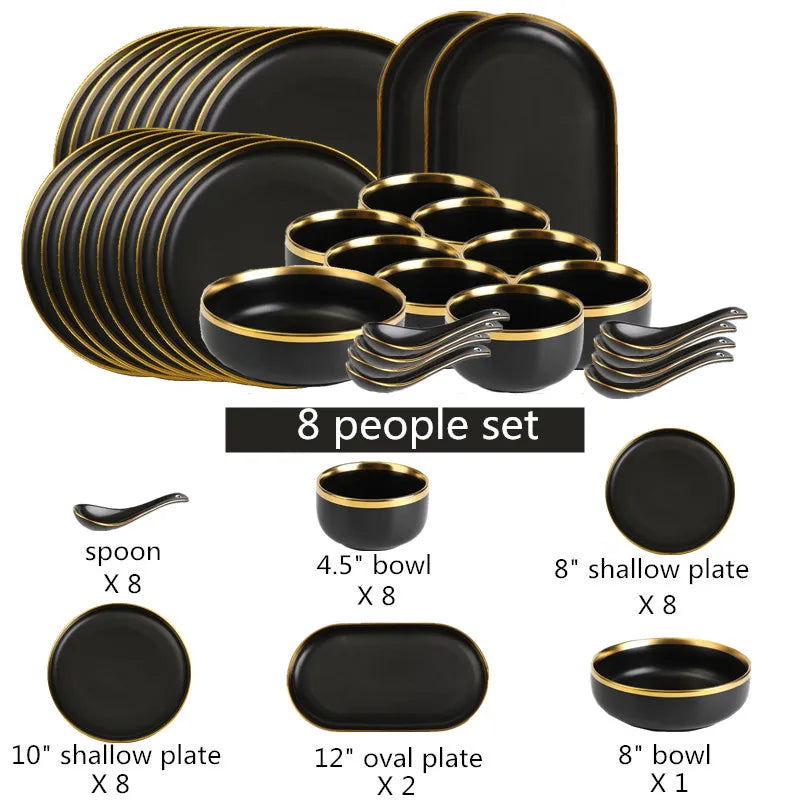 Gold Rim Black Porcelain Dinner Plates - Graceland Home and Living -